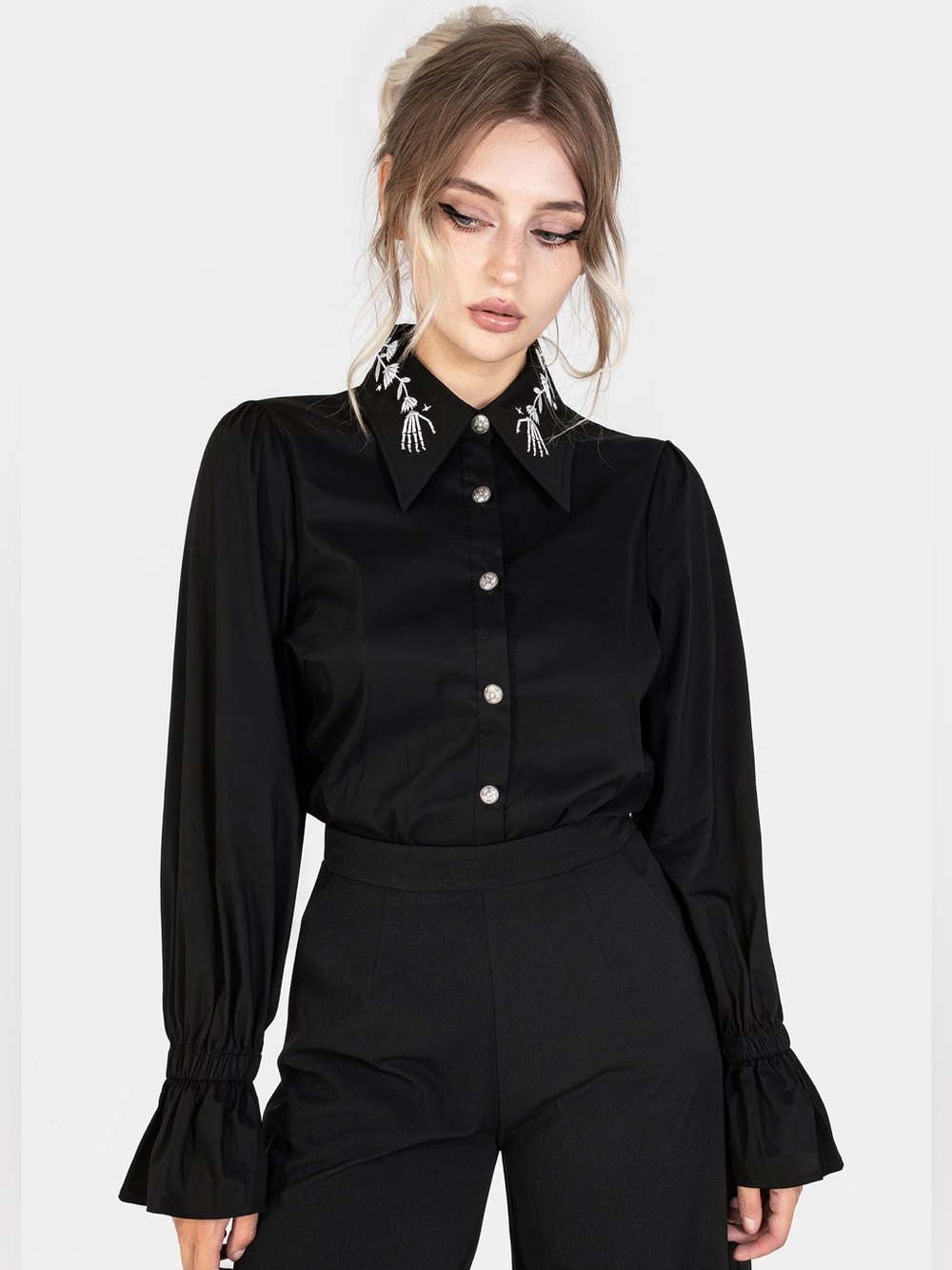 Disturbia Tempora Embroidered Button Up Shirt in Black US 4 / UK 8